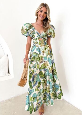 Women's Summer Off The Shoulder Dresses Puff Sleeve Twist Front Cut Out A-Line Dress Casual Maxi Dress with Pockets in Kuwait