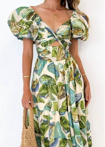 Women's Summer Off The Shoulder Dresses Puff Sleeve Twist Front Cut Out A-Line Dress Casual Maxi Dress with Pockets in Kuwait