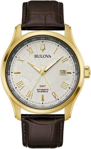 Bulova Classic Wilton GMT Automatic Brown Leather Strap Watch | 43mm | 97B210 in Saudi Arabia