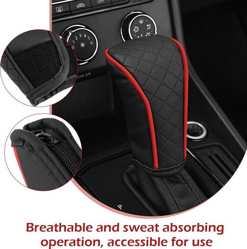 Car Gear Shift Cover, Leather Shift Knob Cover, Waterproof Anti-Slip Gear Shifter Protector, Car Decoration Accessories， Unniversal for Auto, SUV (Black-Red) in Kuwait