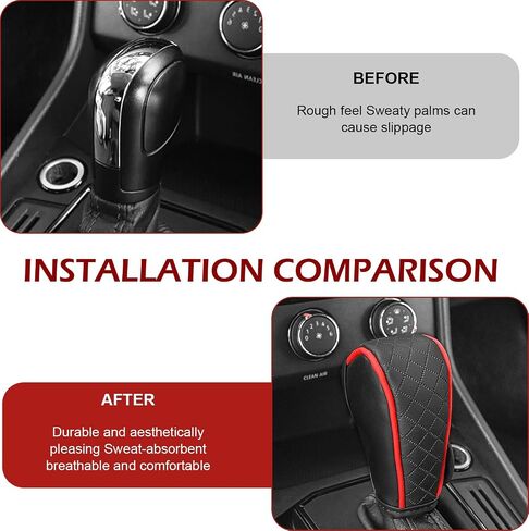 Car Gear Shift Cover, Leather Shift Knob Cover, Waterproof Anti-Slip Gear Shifter Protector, Car Decoration Accessories， Unniversal for Auto, SUV (Black-Red) in Kuwait