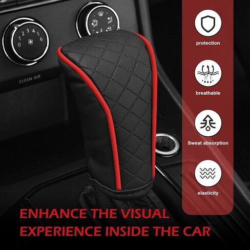 Car Gear Shift Cover, Leather Shift Knob Cover, Waterproof Anti-Slip Gear Shifter Protector, Car Decoration Accessories， Unniversal for Auto, SUV (Black-Red) in Kuwait