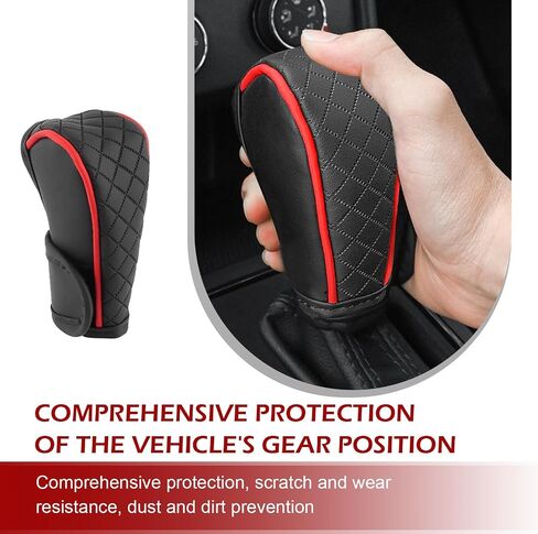 Car Gear Shift Cover, Leather Shift Knob Cover, Waterproof Anti-Slip Gear Shifter Protector, Car Decoration Accessories， Unniversal for Auto, SUV (Black-Red) in Kuwait