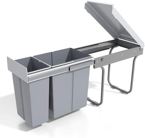 jxgzyy Pull Out Kitchen Waste Bin Under Cabinet 20L+20L Double Sliding Trash Can with Lid and Handle Large Capacity Recycling Trash Container Bin Gray for Home Kitchen in Saudi Arabia