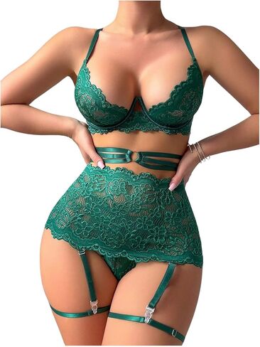 SOLY HUX Women's Sexy Skirted Lingerie Lace Sheer Push Up Bra Panty with Garter Belt Underwear Set in Saudi Arabia