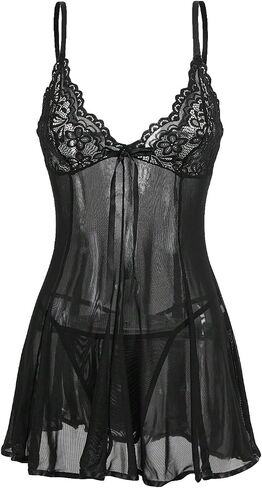WDIRARA Women's 2 Piece Lingerie Set Lace Mesh Sheer Tie Front Deep V Neck Babydoll Nightgown with Thong in Saudi Arabia