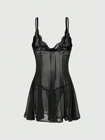 WDIRARA Women's 2 Piece Lingerie Set Lace Mesh Sheer Tie Front Deep V Neck Babydoll Nightgown with Thong in Saudi Arabia