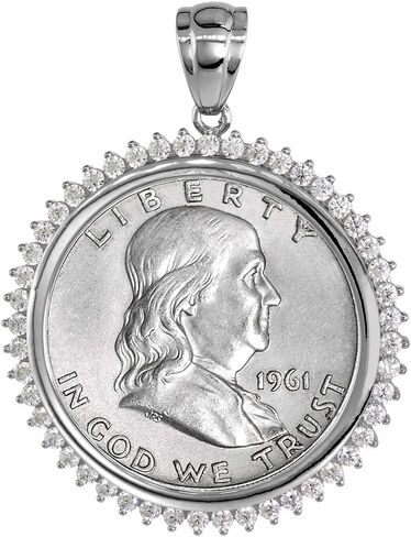 Sterling Silver Cubic Zirconia Half Dollar Bezel CZ Halo 30 mm Coins Prong Back 50 Cent Coin NOT Included in Saudi Arabia