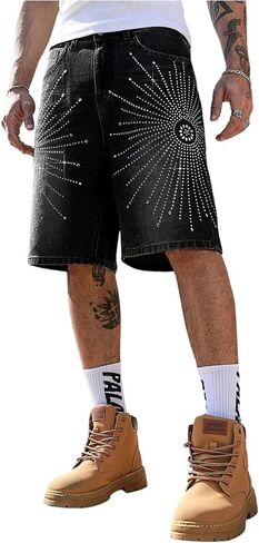 Shenhe Men's شورت Jean الشورت Y2K Rhinestone خمر Jorts الهيب هوب شورت الشارع الشارع in Kuwait