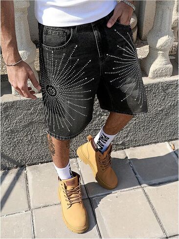 Shenhe Men's شورت Jean الشورت Y2K Rhinestone خمر Jorts الهيب هوب شورت الشارع الشارع in Kuwait