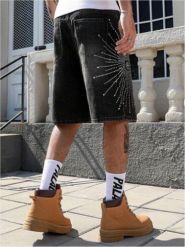 Shenhe Men's شورت Jean الشورت Y2K Rhinestone خمر Jorts الهيب هوب شورت الشارع الشارع in Kuwait