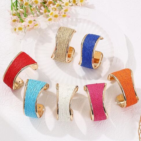 Raffia Colorful Chunky Cuff Bracelet For Women Statement Irregular Wave Vacation Tropical Beachy Spring Summer Wide Open Bangle Handmade Boho Costume Jewelry Accessories in Saudi Arabia