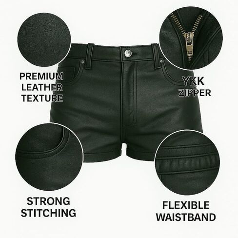 Genuine Leather Shorts for Men Black 5 Pockets Pants Style Zipper Nicker Shorts Lighweight Workout Running Gym Party in Saudi Arabia