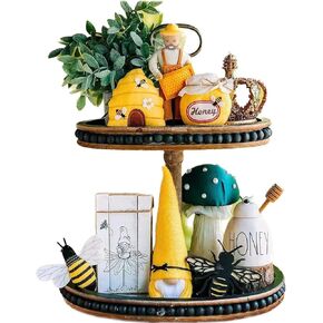 Lavender Inspired Farmhouse 2 Tiered Tray, Distressed Wood Beaded 2 Tiered Tray Stand with Metal Handle, Kitchen Island Decor, Coffee Table Decor, Oval Tiered Tray, Wooden Serving Trays.(Black)