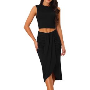 Women's 2024 Summer Casual Sleeveless Two Piece Outfits Bodycon Ruched Skirt Sets Solid Skirt Suiting