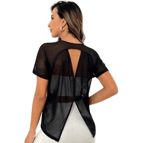 SweatyRocks Women's Activewear Short Sleeve Round Neck Mesh Tee Cut Out Split Back Sports T Shirt