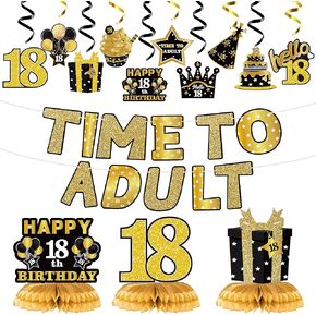 WATINC 26pcs 18th Glitter Black Gold Birthday Banner Party Decorations, Time To Adult 18 Birthday Decorations Hanging Swirls Banner Honeycomb Centerpieces for Boys Girls Happy 18 Years Old Bday Party