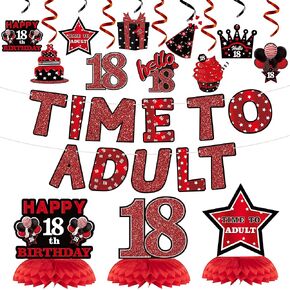 WATINC 26pcs 18th Glitter Black Gold Birthday Banner Party Decorations, Time To Adult 18 Birthday Decorations Hanging Swirls Banner Honeycomb Centerpieces for Boys Girls Happy 18 Years Old Bday Party