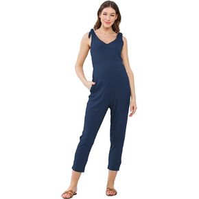 LaClef Womens Tank Sleeveless Shoulder Tie Maternity Jumpsuit with Pockets