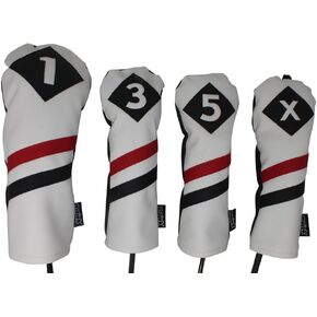 Majek Retro Golf Headcovers White Red and Black Vintage Leather Style 1 3 5 X Driver Fairway and Hybrid Head Covers Fits 460cc Drivers Classic Look