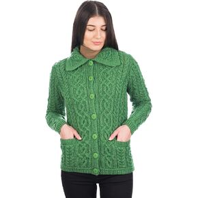 SAOL Irish Cardigan Sweater for Women 100% Merino Wool Aran Celtic Knit Ladies Coat with Pockets