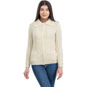 SAOL Irish Cardigan Sweater for Women 100% Merino Wool Aran Celtic Knit Ladies Coat with Pockets