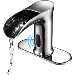 Automatic Sensor Touchless Waterfall Bathroom Sink Faucet, Modern Electronic Sensor Lavatory Faucet, Brushed Nickel Hands Free Vanity Faucets with Control Box and Temperature Mixer