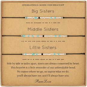 RareLove 3PCS Sister Bracelets for 3,Big Sister Middle Sister Little Sister Morse Code Beaded Bracelet for Women, Matching Bracelets for Three Sisters,Blue Silver Pony Seed Tiny Beads