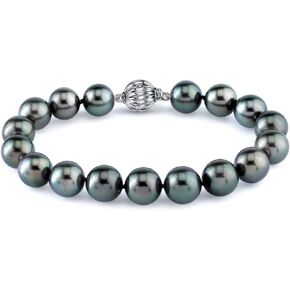 The Pearl Source 14K Gold 9-10mm AAAA Quality Round Black Tahitian South Sea Cultured Pearl Bracelet for Women
