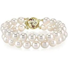 The Pearl Source 14K Gold AAAA Quality Round White Freshwater Cultured Pearl Double Strand Bracelet for Women
