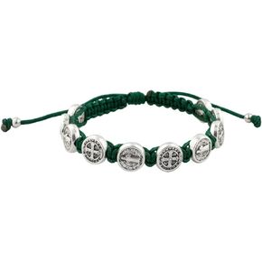 Woven Bracelet with 10 Saint Benedict Medals | Hunter Green Cord and Silver Tone Metal Beads | Patron Saint of Students and Europe | Great Catholic Gift for First Holy Communion and Confirmation