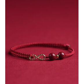 Natural Cinnabar Bracelet with Adjustable Hand Woven Rope Infinite Symbol Lucky red Rope Bracelet Feng Shui Protective Wealth Jewelry red Bead Bracelet (Wine red)