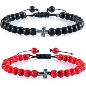 Pingyongchang Cross Beads Bracelet for Men 6mm Natural Stone Handmade Braided Adjustable Bracelet Gifts for Women Girls Couple Gifts Jewelry