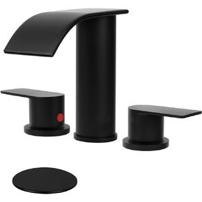 3 Holes Waterfall Bathroom Faucet, 8 Inch Widespread Bathroom Sink Faucet, Two Handles Lavatory Vanity Sink Faucets with Pop-up Drain (Matte Black)