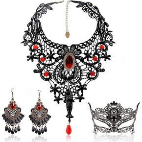 Black Lace Necklace and Earrings Set, Gothic Lolita Red Pendant Choker for a Halloween Costume and Wedding