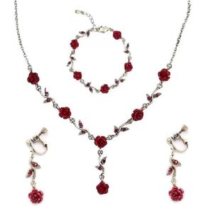 COLORFUL BLING 3Pcs Rose Red Jewelry Red Necklaces for Women Red Rose Flower Dangle Earrings Bracelet Rose Gold Prom Jewelry Sets for Women Bride Wedding Girls