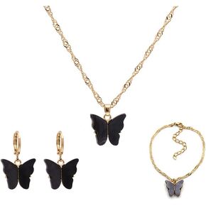 4 Pcs/Set Coforful Butterfly Jewelry Set Cute Acrylic Butterfly Pendant Necklace Bracelet Earrings Adjustable Chain Bohemian Necklace for Women Boho Jewelry Valentine's Day Gifts