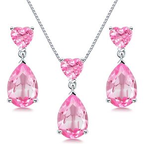 JIANGXIN 18"~20" Pear cut Gemstone 925 Sterling Silver Pendant Necklace Drop Earrings Jewelry Set for Women Heart Pendant Necklace Heart Earrings