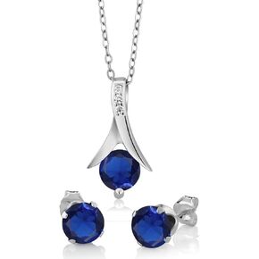 Gem Stone King 925 Sterling Silver Simulated Sapphire Pendant Necklace and Earrings Jewelry Set For Women (2.40 Cttw, Round with 18 Inch Silver Chain)