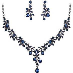 BriLove Wedding Jewelry Set for Women Bride, Y-Necklace Dangle Earrings Set Crystal Teardrop Leaf Flower Cluster Jewelry for Bridal Bridesmaid