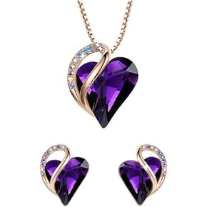 Leafael Infinity Love Crystal Heart Bundle Jewelry Set with Amethyst Dark Pink Pendant Necklace Healign Stone Crystal for Protection Gifts for Women Necklace Earrings, 18K Rose Gold Plated