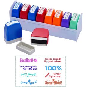 8 قطع من طوابع المعلم بالحبر الذاتي، مجموعة رسائل تحفيزية، طوابع درجات ملونة لطلاب الفصول المدرسية، مكافأة الواجبات المنزلية، لوازم مدرس المدرسة، طوابع قرطاسية مكتبية مع صينية in Kuwait