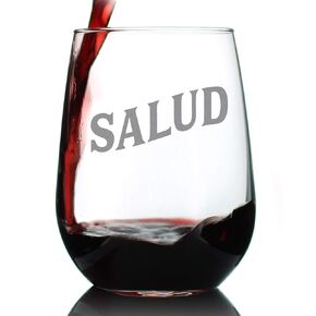 Salud Spanish Cheers - Stemless Wine Glasses - Set of 2 - Unique Spain Themed Gifts or Party Decor - Large 17 Ounce