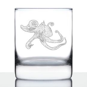 Octopus Whiskey Rocks Glass - Octopus Decor or Gifts for Beach and Ocean Lovers - Engraved Design - 10 Oz Glasses