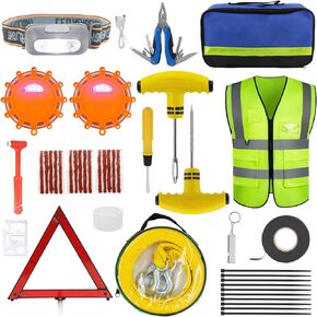 Car Emergency Kit, Roadside Tire Repair Tool Kit with Road Flares, Tow Strap, Pliers, Headlamp, Reflective Vest, Triangle Hammer Safety Assistance Tools