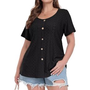 MONNURO Womens Plus Size Tops Summer Eyelet Short Sleeve Tunic Shirts Button Decor Loose Casual Blouses