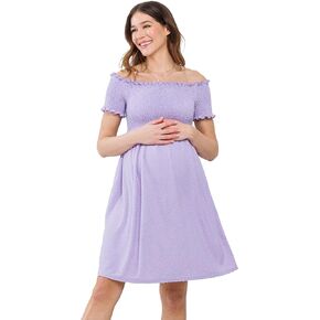 Womens Off Shoulder Dot Smocked Top Maternity Dress with Pockets