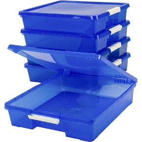 Storex Classroom Craft Project Box – Stacking Plastic Organizer Fits 12x12 Scrapbooking Paper, Blue, 5-Pack (63203U05C)