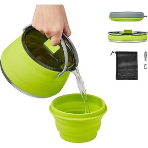1L Collapsible Camping Kettle Portable Travel Kettle Folding Silicone Camping Cook Pot Foldable Compact Hiking Water Boiler and Warmer with Lid BPA-Free Backpacking Pot