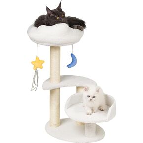 Small Cat Tree Tower with Scratching Posts for Indoor Cats, Cute Cat Tree for Kitten, Cloud Cat Tree with Dangling Balls, 15.4 "x28.3, White